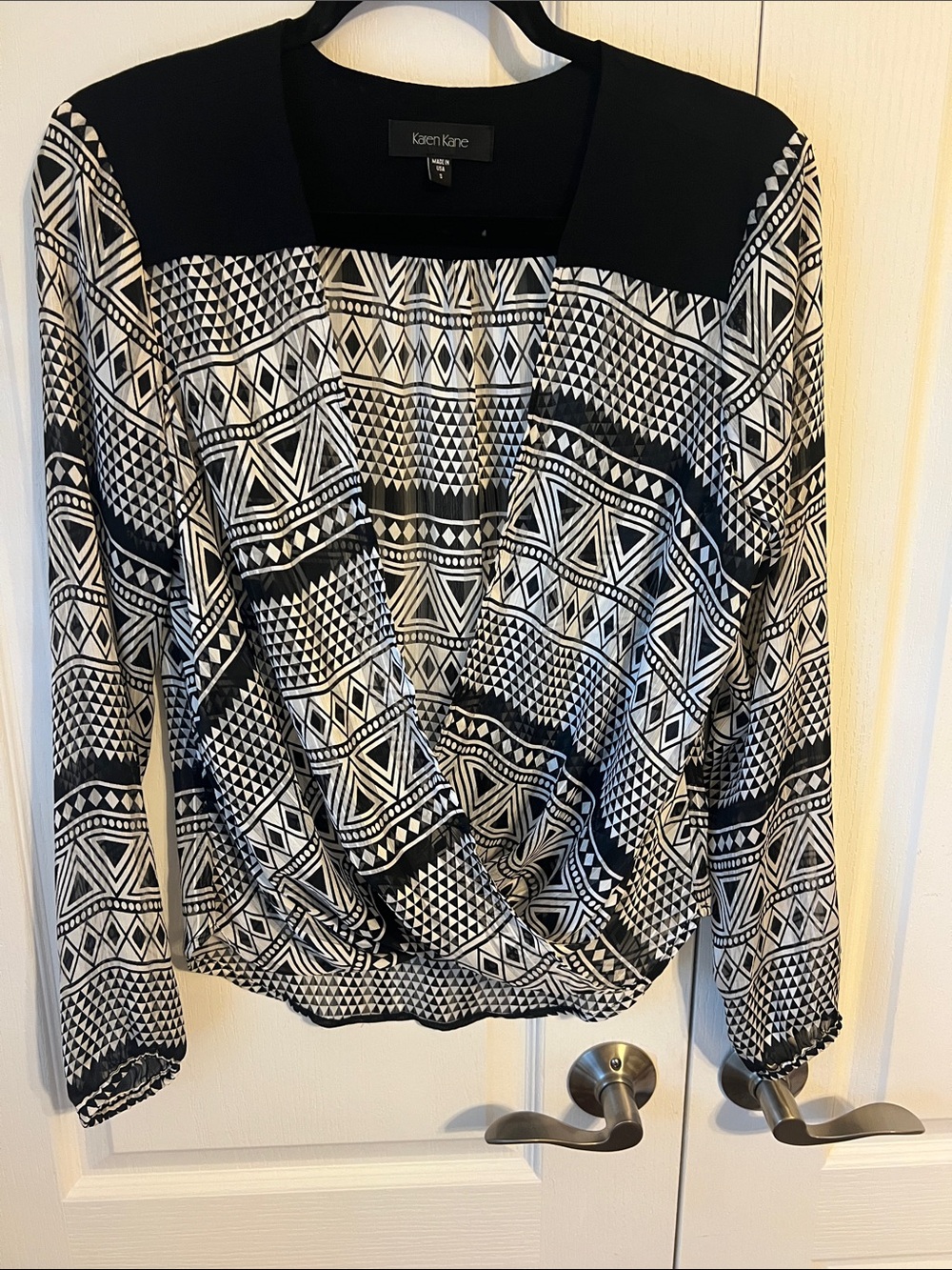 Karen Kane Black and White Geometric Draped Long Sleeve Top